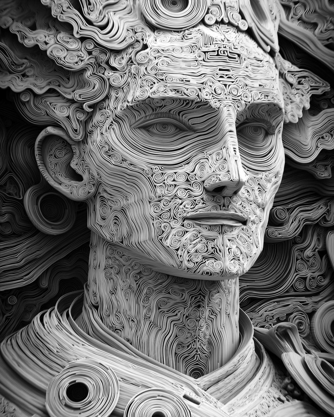 Abstract sculpture of a face; intertwined organic lines and swirls; monochromatic color palette